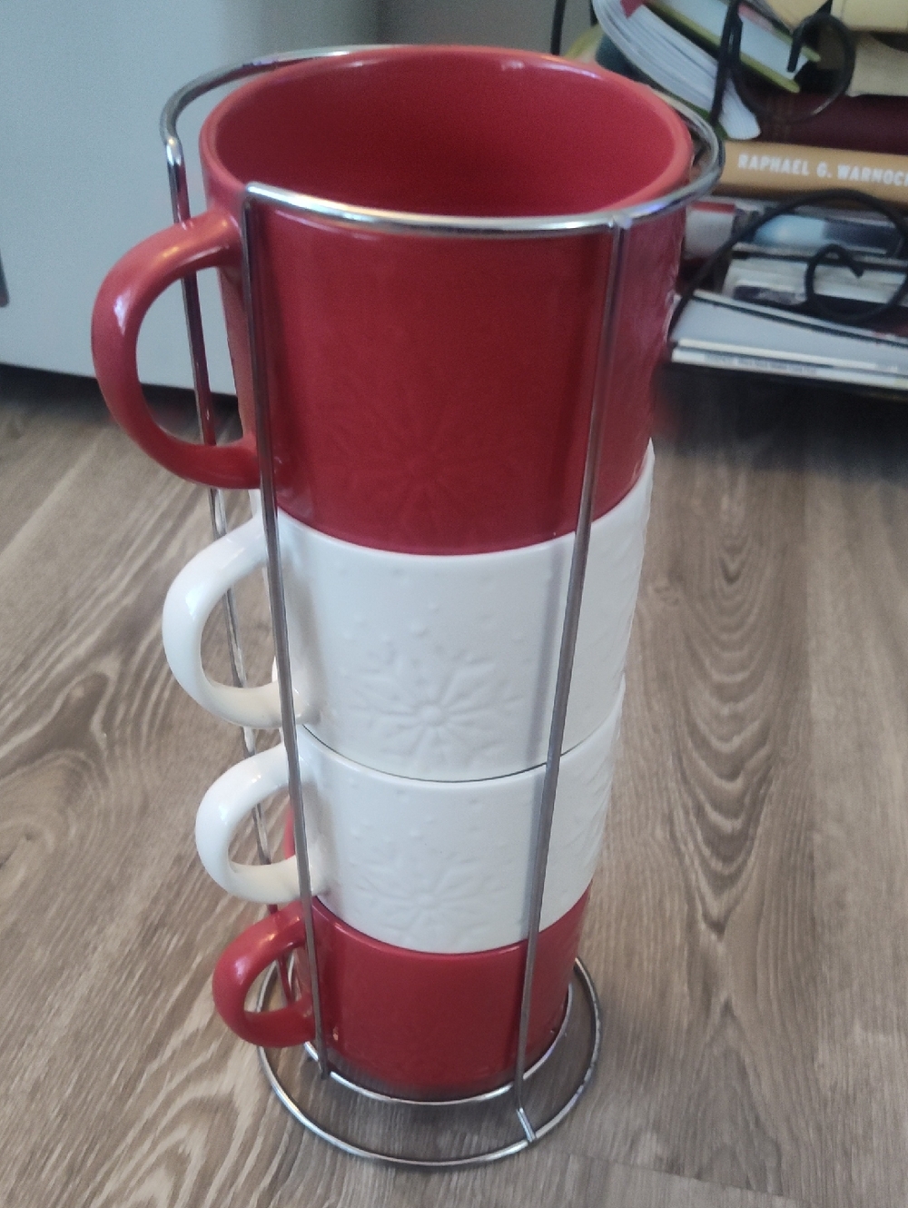 Red and White Stackable Ceramic Mug Set with Metal Stand